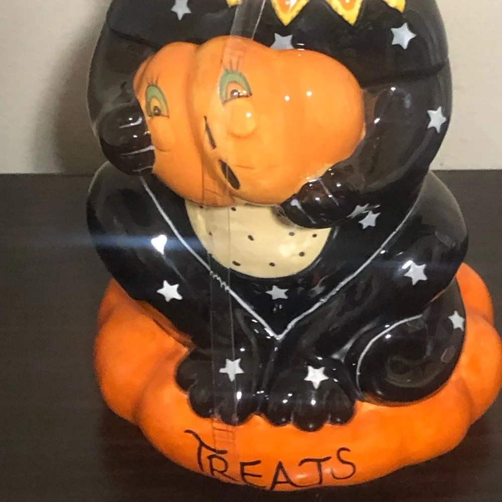 Blue Sky 12 in Ceramic Halloween Black Cat Cookie Jar with Lid Orange/White